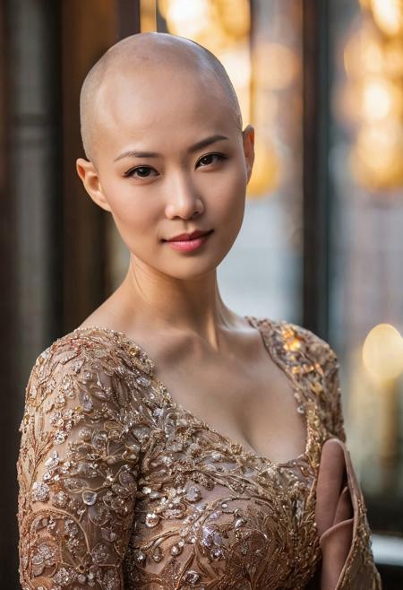 portrait photo of Yu-jinNobodySD15 curvy radiant beautiful Asian woman (bald head:2) evening dress depth of field bokeh bright morning light (masterpiece) (best quality) (detailed) (8k) (HDR) (wallpaper) (cinematic lighting) (sharp focus) (intricate)