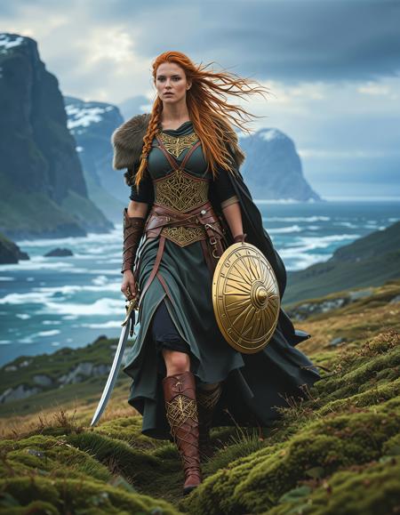freyja, auburn hair, braided hair, magic, forest, viking queen, mythic beauty, <lora:NBN-Freyja_NordicByNature:0.8>, <lora:NordicByNature:0.8>,Shieldmaiden in Battle, A fierce Viking shieldmaiden clad in chainmail and leather armor, wielding a round wooden shield and a sharp sword. Her braided hair flows in the wind as she stands victorious on a battlefield under a stormy sky. The setting is an ancient Nordic landscape with towering fjords in the background.,high quality, film grain, Fujifilm XT3, 8k uhd, dslr, film grain, kodak tri-x 400 film, grain photo DOF, faint lighting, dynamic angle, cinematic, Depth of field, bokeh, best quality, cinematic, light particles, highly_detailed, very_aesthetic, golden hour, beautiful_and_aesthetic clear focus, high resolution image, ,Sexy pose, erotic pose, exhibitionism, ,enchanted cave with glowing crystals