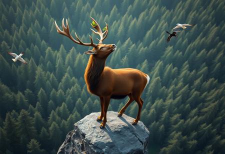A picture of mystical deer, god of the forest standing on a rock protruding from an immense forest. The deer is larger than a common deer, with majestic antlers. From its antlers, a few leaves grow. Its coat is thick and brown with golden highlights. He looks like a god. he looking at the sky. The forest is dense, you can't see the ground. There are few birds flying in the sky around the deer. The view is from the sky.