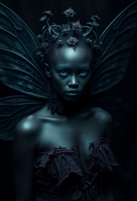 An evocative dark fantasy photography. The central figure is a once-elegant african fairy, her skin is black coal now corrupted by sinister forces. She has buterfly wings like attributes, a pale complexion, glowing blue eyes. Her once-lush attire is now tattered and overgrown with the transparency  that she once represented. The background is dark and foreboding, reflecting the fairy's lost beauty and anger. The overall atmosphere is cinematic and conceptual, immersing the viewer in a world of dark fantasy., cinematic, dark fantasy