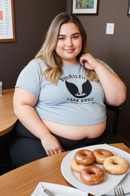 straight on view beautiful thick bbw obese blonde girl sitting in a booth at a donut shop, (flat chest:1.2), tight clothes, undersized dolphin shorts, crop tee shirt, (eating lots of sprinkled donuts), hands resting on her stomach, sitting at a table, (donut buffet:1.2), stacked plates on the table, shirt stained with greasy food
(plump:0.9), love handles, stuffing herself with donuts, large round stomach, (huge round gut),
digital illustration, trending on artstation, realism, (best quality, masterpiece, [insanely detailed], intricate:1.2), absurdres, [ultra detailed], [sharp focus], [high definition] <lora:plump-strong:1.5>, pretty face, nose, lips, beautiful eyes, (MarlaNobodySD15), smiling, Fat Rolls:1.2, blonde hair:0.7, gigantic fat belly, fat double chin