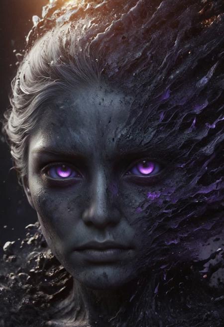 Completely black screen, absolutely nothing, pure black, detailed, but the old goddess with glowing darkviolet eyes are rising, FastNegativeV2, ral-dissolve