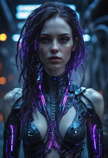 beautiful model girl, cyberpunk, dark hair with purple highlights , pale skin, freckles,  big brown eyes, slim face, dynamic pose, industrial, street, hiperrealistic photo, Delicate cables snake harmoniously beneath luminous epidermis, while her mighty vertebrae prop up an elegantly fashioned human cranium graced by cascading neon undercut tresses, dark futuristic