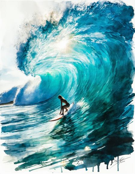 Ink art, watercolour washes, charcoal shadows: A woman crouches low on her surfboard inside a perfectly hollow barrel wave, her fingertips skimming the shimmering turquoise wall. Sunlight fractures through the water, casting liquid prisms across her sun-bleached wetsuit. The lip of the wave curls like a jade guillotineâmilliseconds before the crash. Translucent watercolour bleeds, matte paper.