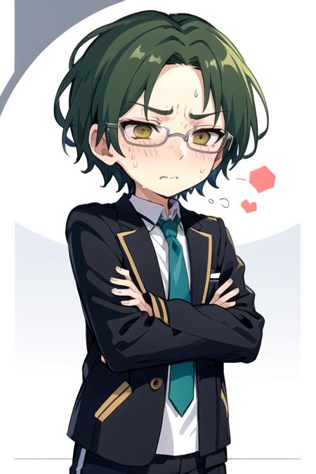 <lora:Keito-07:0.7> , keitoes, school uniform, jacket, yellow eyes, necktie, chibi, sweatdrop, border, black border, green necktie