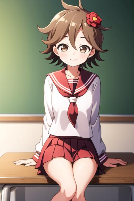 masterpiece, best quality, <lora:kunoichi_kagetsu:0.7>  1girl, solo, brown eyes,  brown hair, short hair,  hair ornament, hair flower, smile, serafuku, sailor collar, red neckerchief, pleated skirt, sitting, classroom,