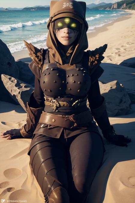 (masterpiece, best quality:1.2),  <lora:eris_morn:.9>, eris morn, solo, 1girl, breasts, large breasts, glowing, glowing eyes, armor, hood up, shoulder armor, green eyes, hood, gloves, pauldrons, sitting, looking at viewer, beach, day, smile, outdoors