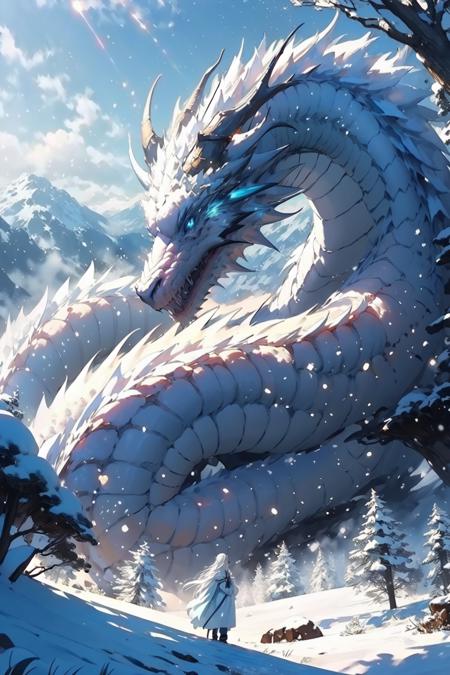 (masterpiece:1.2),best quality,PIXIV,Chinese dragon,
dragon,snow,long hair,1girl,outdoors,sky,cloud,white hair,horns,mountain,day,tree,very long hair,snowing,blue eyes,scenery,light rays,robe,sunlight,
<lora:Chinese dragon-000014:1>,