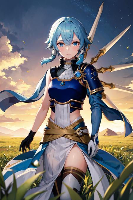 masterpiece, best quality, highres, 1girl,sinon1, white gloves, thighhighs, pelvic curtain, short hair with long locks, hair between eyes, sidelocks, breastplate, shoulder armor, blue armor, <lora:sinon:0.8>, standing, sky, field, grass,fantasy,