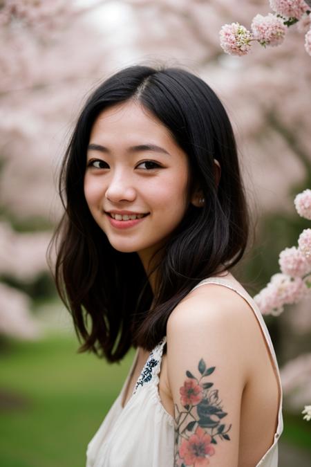 photograph of a cute girl,blackhair,pale skin,blush,innocent,blossom festival,Porta 160 color,shot on ARRI ALEXA 65,bokeh,sharp focus on subject,shot by Don Giovanni,nsfw,kind_smile,in summer,absurdres,japanese_clothes,mid_shot,skinny,tattoo,