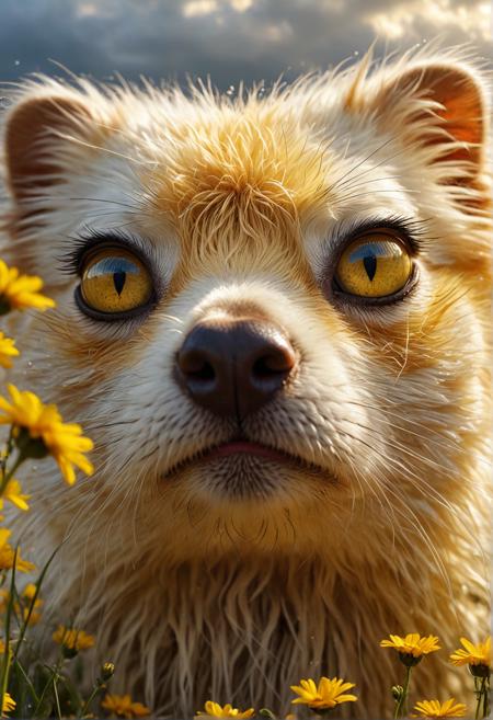 beautiful fluffy animal, sparks, scales, kafka, full lips, dynamic angle, wide shot, ultra-detailed, modern, flower field, extremely detailed eyes, light rays, amazing depth, fine details, cloudy sky, crepuscular rays, fine texture, wet hair, epic composition, closed eyes, oozing thick yellow blood