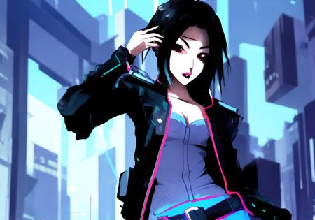 Kanji, realistic cyberpunk hacker woman, wearing a cyberpunk trenchcoat, cyberpunk architecture mega city, KANv3