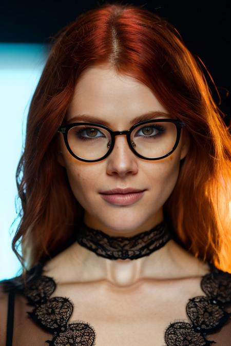 glasses, Sharp Focus, wo_heidi02, (close-up:0.8), (slight smile:0.4), low key lighting, shot on Lumix GH5, cinematic bokeh, lace choker, hazel eyes, red tied hair, (black background:1.2), sharp cheekbones, teasing, detailed skin,  <lora:woHeidi02:0.85>