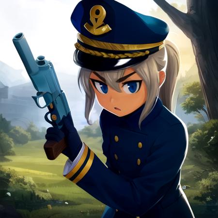 Masterpiece, highest Quality, Highest Resolution, perfect detailed modern anime style, anime lighting, detailed hands, high quality character design,  detailed background, detailed, solo, Admiral Brickell, solo, blue eyes, gloves, hat, holding, ponytail, weapon, white gloves, holding weapon, uniform, gun, military, military uniform, holding gun, peaked cap, handgun, naval uniform, furry female, 1girl, in forest,