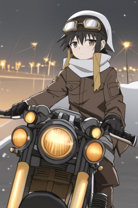 kino, 1girl,  androgynous, brown hair, (goggles:1.3), riding a motorcycle, on a snowy road tokyo street at night with red lights from above in the background by krenz cushart!! trending artstation!!! pixiv top profile cinematic dramatic volumetric lighting closeup view up angle hd 4x 8K sharp high