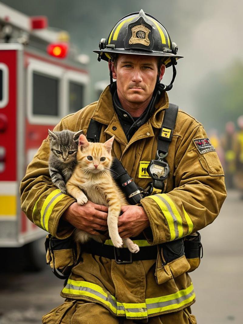 Fireman holding two kittens in his arms.