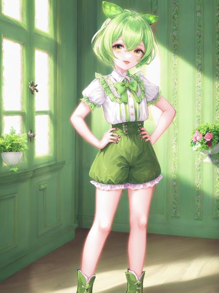 (znd),1 girl,1girl, :d, bow, brown_eyes, eyebrows_visible_through_hair, full_body, green_bow, green_footwear, green_hair, green_nails, hair_between_eyes, hand_on_hip, hands_on_hips, looking_at_viewer, nail_polish, open_mouth, personification, puffy_short_sleeves, puffy_sleeves, shirt, short_hair, short_sleeves, shorts, smile, solo, standing, white_background, white_shirt

(waifu, anime, exceptional, best aesthetic, new, newest, best quality, masterpiece, extremely detailed:1.2)