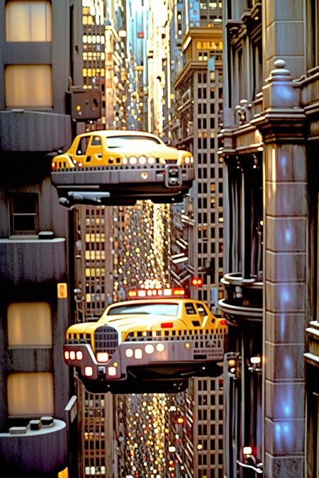 a yellow taxi cab flying over a city , outdoors, no humans, window, ground vehicle, building, scenery, motor vehicle, reflection, motion blur, car, road, vehicle focus