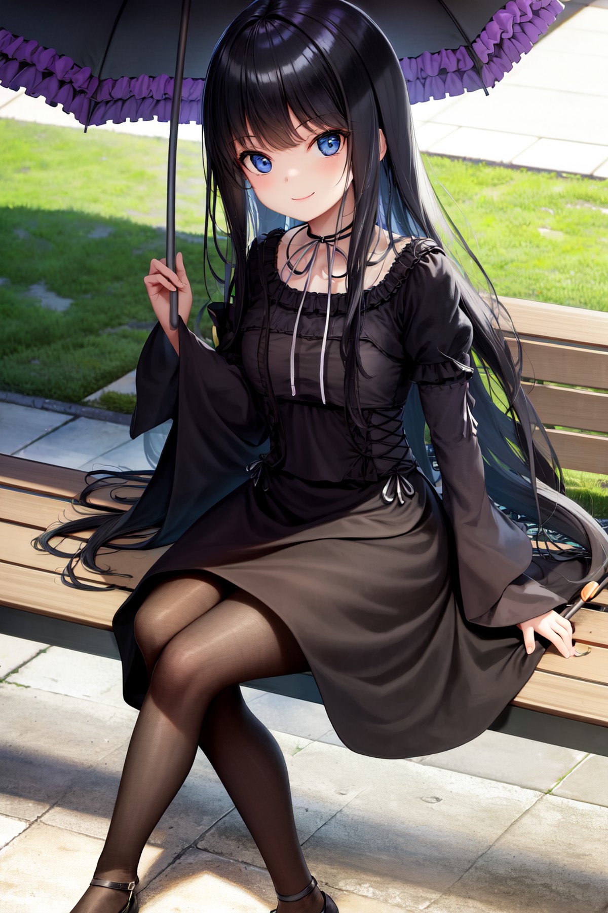 masterpiece, best quality, highres, 1girl, black dress neck ribbon <lora:natsuki_minamiya:1> holding umbrella, sitting on ...