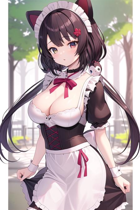 ((masterpiece)), ((best quality)), <lora:GoodHands-vanilla:1.0>,  <lora:Scottie:0.8>,  <lora:inuiToko-000008:0.7>, inuiToko, maid headdress, low twintails, outdoor background, big breasts, hot and sexy, nice hands, perfect hands, beautiful detailed eyes