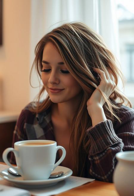 Sleepy beautiful woman looking at coffee in the morning, disheveled hair, sleepy eyes but pleased, recalling last night, dreamy