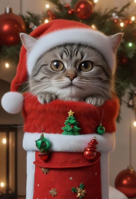 cat sticking its head out of a Christmas stocking