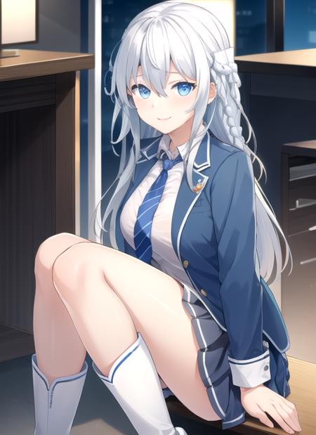 ((masterpiece)),(best quality),official art,extremely detailed CG,unity 8k wallpaper,ultra detailed,beautiful detailed eyes,extremely detailed face,1girl,solo,upper body,facing viewer,looking at viewer,madobe tooko,smile,silver hair,long hair,hair ornament,twin braids,hair between eyes,blue eyes,employee uniform,sleeveless jacket,light blue jacket,white shirt,long sleeve shirt,light blue cuffs,short necktie,large breasts,blue skirt,miniskirt,pleated skirt,knee boots,white footwear,<lora:Madobe Tooko(win)>,