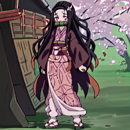 Nezuko_Kamado, 1girl, solo, long hair, black hair, standing, full body, hair ribbon, outdoors, japanese clothes, pink eyes, kimono, mouth hold, obi, pink ribbon, gag, gagged, haori, pink kimono, bamboo, bit gag, asa no ha (pattern), checkered sash, kamado nezuko