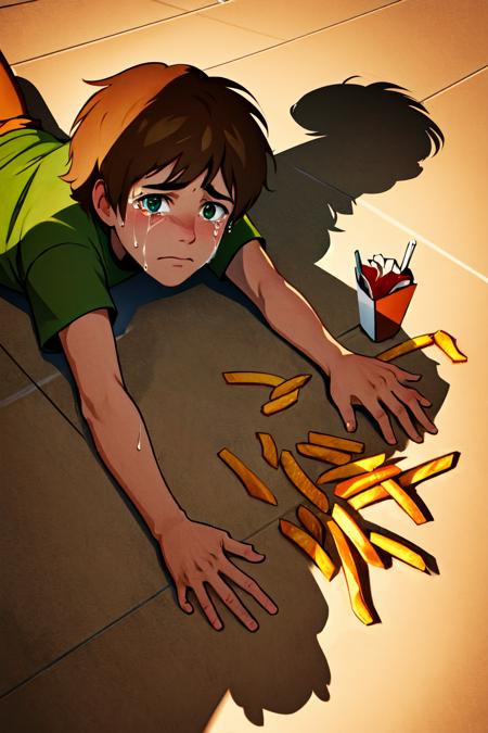 Highly detailed, High Quality, Masterpiece, beautiful, ApuMeme, <lora:ApuSpillsHisTendiesMeme:1>, 1boy, solo, lying, tears, on stomach, food, spill, crying, shadow, tearing up, on floor, cup, french fries, Shaggy, green shirt, brown pants, <lora:Char_Sigmas_ShaggyRogers:0.5>