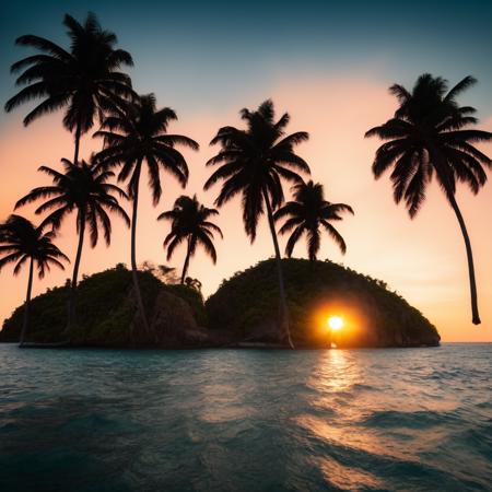 (bitboats:1) an image of a sunset with palm trees on an island <lora:BitBoats_LoraBooth:1>