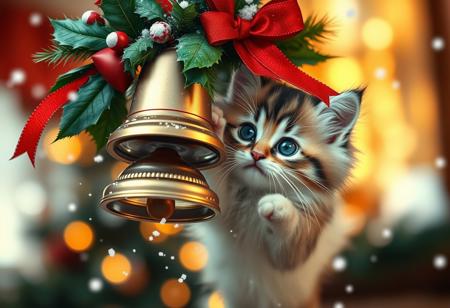 A whimsical winter wonderland scene captures a fluffy kitten's playful essence as it mid-bat at a hanging Christmas bell adorned with lush holly and crimson ribbon. The kitten's bright blue eyes sparkle with mischief, surrounded by soft, feathery whiskers and ultra-realistic fur. A sprinkle of tiny snowflakes dances around the bell, suspended in mid-air amidst warm, cozy indoor ambiance, illuminated by soft bokeh lights.