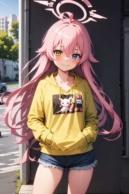 1girl, solo, (masterpiece, best quality), outdoors, street blush, standing, thighs, flat chest, hoshino, pink hair, long hair, hair between eyes, ahoge, yellow eyes, blue eyes, heterochromia, halo, smile, closed mouth, sweatshirt, denim shorts, hand on pocket