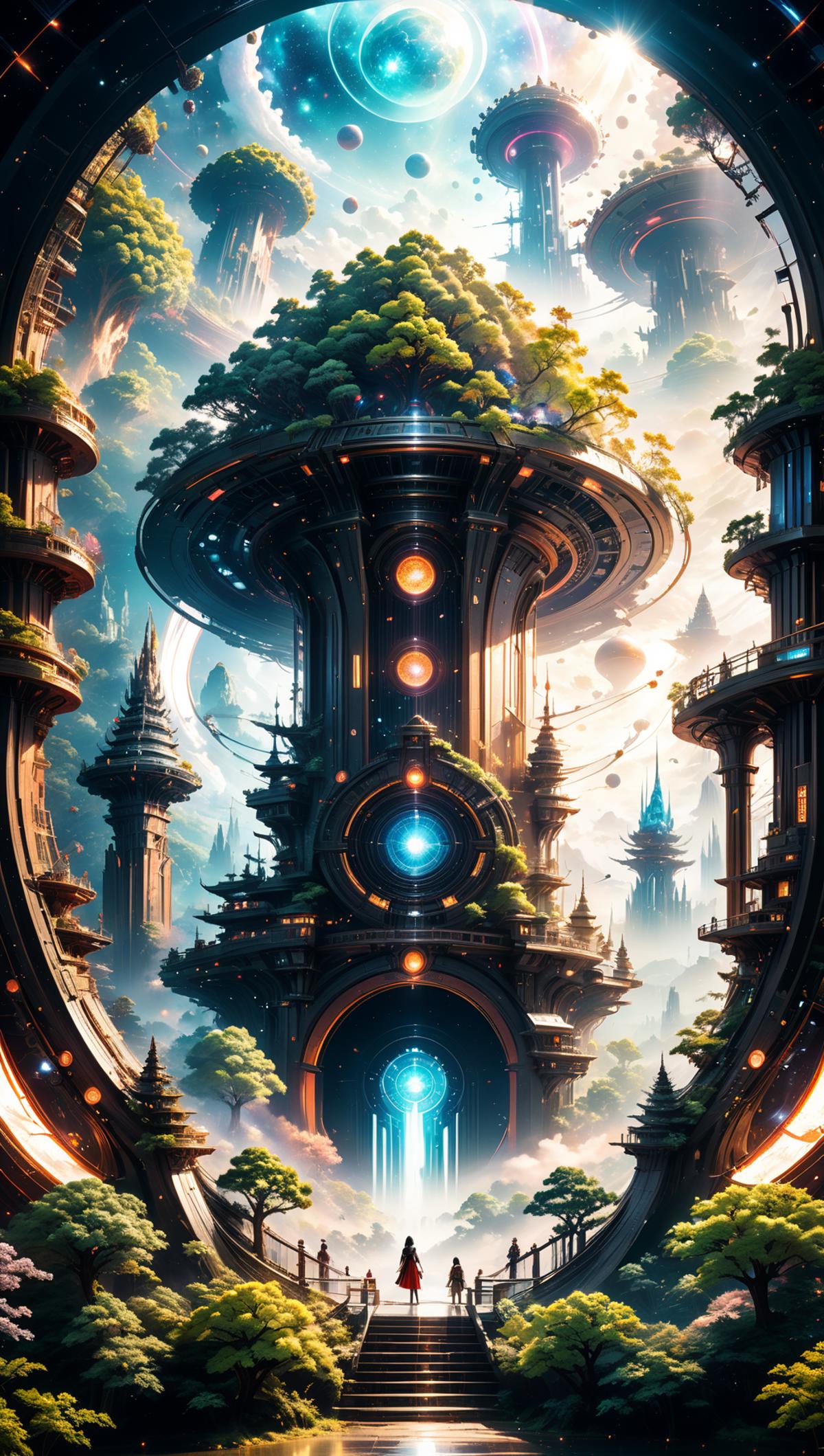 A large, futuristic, cityscape with a variety of towers, buildings, and trees.