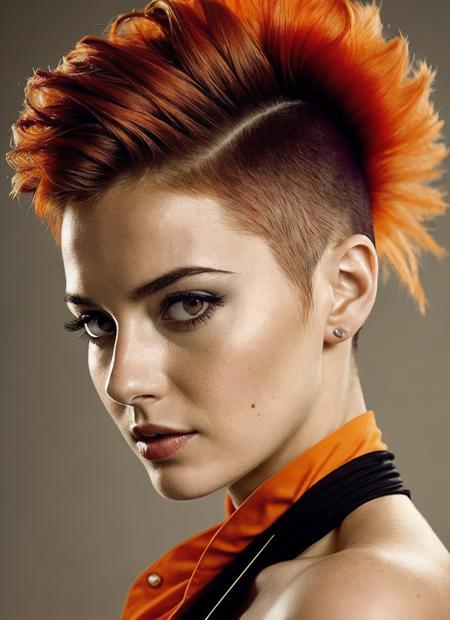 portrait of sks woman by Flora Borsi, style by Flora Borsi, bold, bright colours, orange Mohawk haircut, ((Flora Borsi)), <lora:lora_shailene_v1_from_v1_160:1>