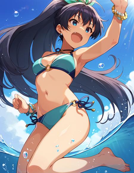 gnhhbk, gnhhbk, very long hair, black hair, ponytail, antenna hair, bangs, hair ribbon, blue eyes, medium breasts, fang,  score_9, score_8_up, score_7_up, source_anime,