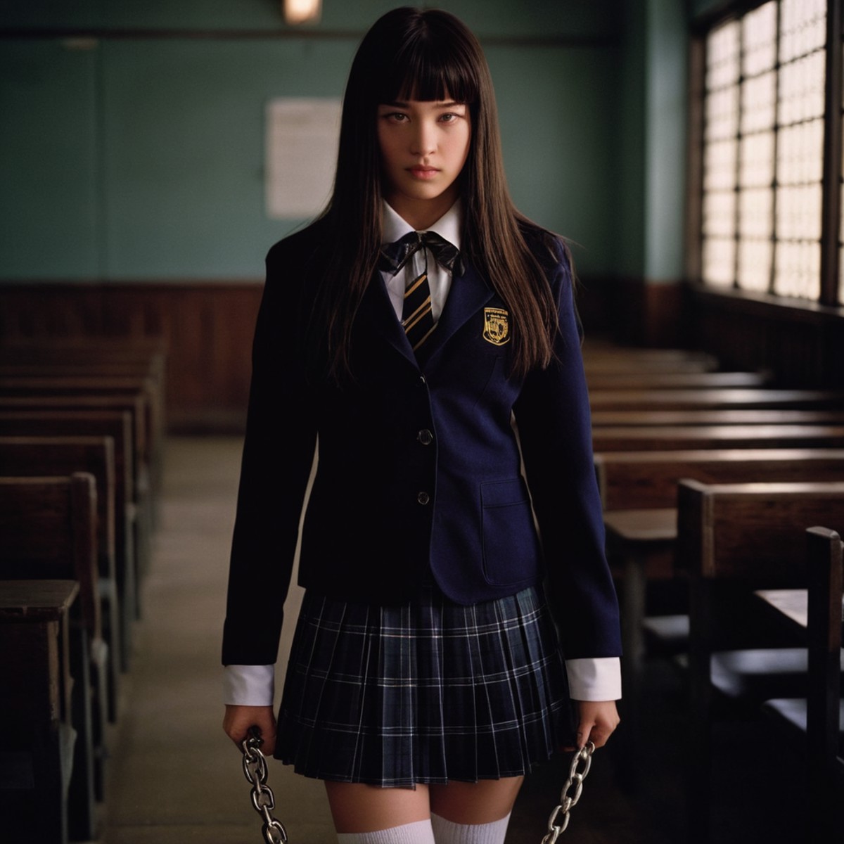 cinematic film still of  <lora:Kill Bill style:1>
Cinematic film image of Gogo Yubari a woman in a school uniform holding ...