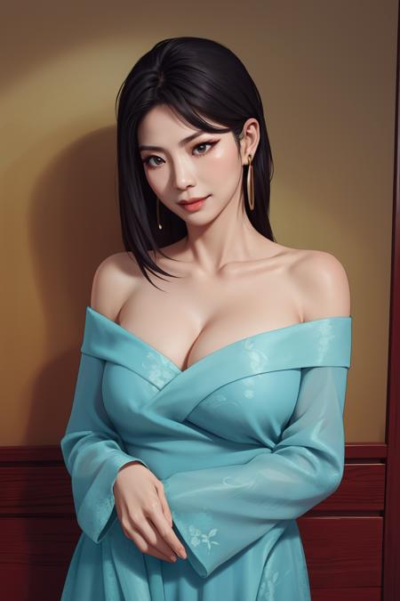 masterpiece, best quality,1girl,mature  elite asian female,aged charming face,earrings,off-the-shoulders long sleeves dress,cleavage,filmic shader,enhanced,textured,real life