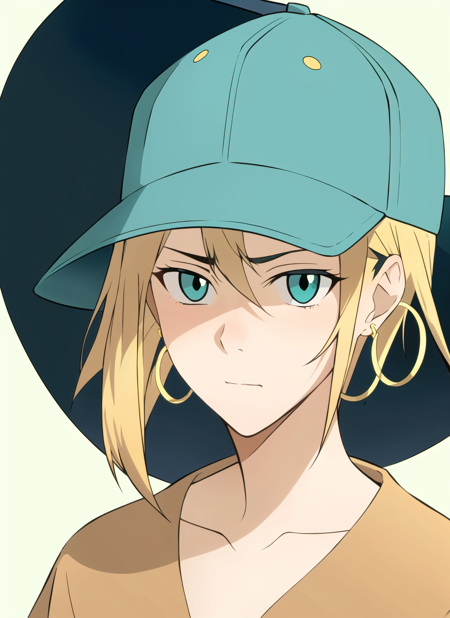 avatar wan <lora:avatar_wan_offset:1>, masterpiece, best quality, 1girl, aqua eyes, baseball cap, blonde hair, closed mouth, earrings, green background, hat, hoop earrings, jewelry, looking at viewer, shirt, short hair, simple background, solo, upper body, yellow shirt