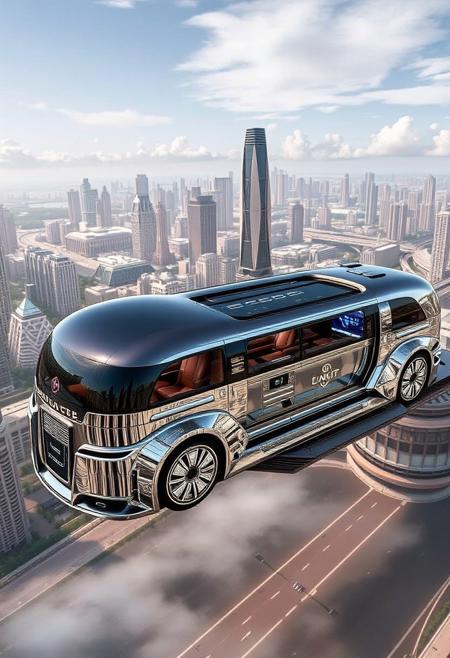 YFG-R1gs, A luxurious, self-driving limousine, its polished chrome body reflecting the opulent surroundings of a floating city, glides smoothly through the air. The limousine's interior is a haven of comfort, with plush seating, holographic entertainment systems, and a fully stocked bar. The vehicle's advanced AI anticipates traffic patterns and ensures a safe and efficient journey. The surrounding floating city is a marvel of engineering, with towering skyscrapers, lush gardens, and advanced transportation systems.