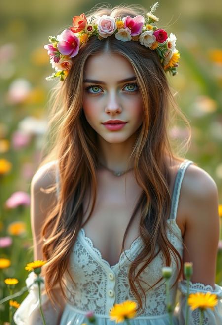 cinematic photo summers meadow, wild flowers
1girl, solo, wild flower crown, long hair, breasts, cleavage, lacy summer dress, thin dress straps, bright green eyes, button nose
bokeh, , score_9, score_8_up, score_7_up, hyperdetailed, hyperrealistic, masterpiece, best quality, (masterpiece:1.3),high-definition, intricate details, volumetric lighting, symmetrical face, level eyes, skin pores . Extremely high-resolution details, photographic, realism pushed to extreme, fine texture, incredibly lifelike . 35mm photograph, film, bokeh, professional, 4k, highly detailed