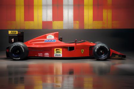 Photograph of the Ferrari 641 <lora:Ferrari 641 V1:0.75>, Formula 1 car, race helmet, red background, 8k, 4k, perfect lighting, high quality, masterpiece, 1990's, digital photograph, rich colors, retro, film grain, cool colors