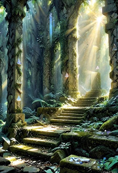 Style-Eleven, artistic, scenery, stairs, sunlight, nature, tree, light rays, crystal, forest, outdoors, plant, ruins, moss  <lora:XL-drawing-styles-civitai:1>