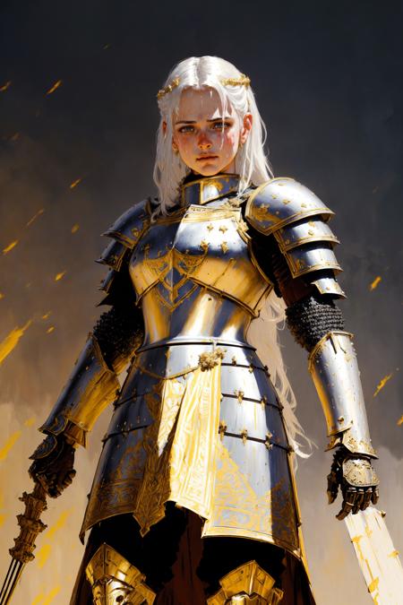 Royal Knight warrior, best quality, (masterpiece, soft), (illustration), (by andrew atroshenko), (by casey baugh), (sweaty), (detailed face), ((short) white hair), (battle field background), (Beautiful intricately detailed armor with gold inlays), from below, action pose,