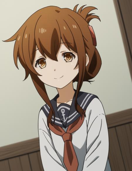 inazuma, long hair, brown hair, brown eyes, folded ponytail, inazuma (kancolle) skirt, school uniform, serafuku, neckerchief,