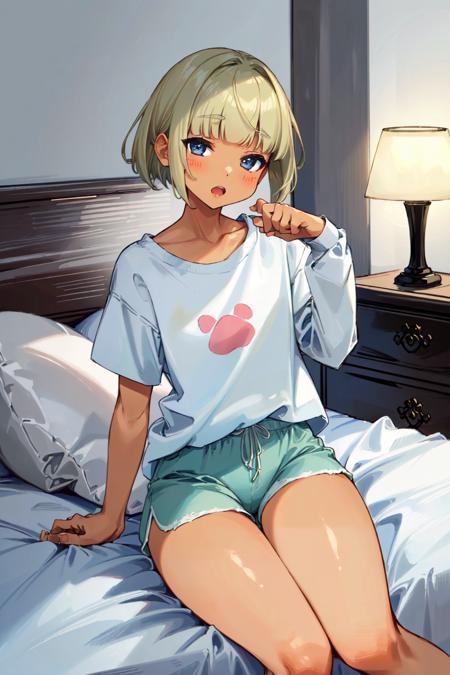 shinjin-chan dark skin, dark-skinned female, blonde hair, short hair, bob hair, blunt bangs, blue eyes