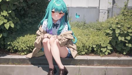 <lora:longrushialast:1>, longrushia,  1girl, solo, uruha rushia, highres, 1girl, aqua hair, gradient hair,multicolored hair, jewelry, white shirt, brown cardigan, sleeves past fingers, skirt, blue butterfly, full body,