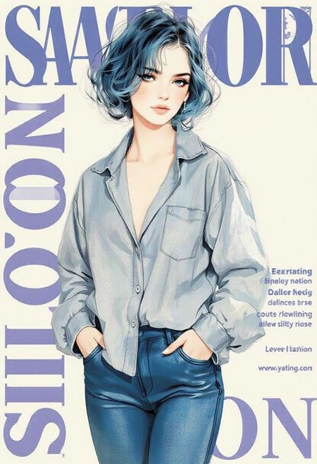 a female inspired by Sailor Mercury female, a full-body subject, subtle blush marks on her cheeks. with short, wavy blue hair and striking blue eyes wears an oversized light blue denim shirt, unbuttoned at the top to reveal her collarbones and part of her shoulder, giving her a relaxed, effortlessly stylish look. The long, slightly loose sleeves have visible folds and creases, enhancing the natural, laid-back aesthetic. The fabric resembles soft, worn chambray or denim. She pairs it with matching high-waisted blue denim pants, fitted to balance the oversized top. The pants have a subtle sheen, resembling coated denim or soft leather, while the rich blue shade enhances her vibrant hair color.The background resembles a stylish magazine cover with bold typography in blue and purple shades,write SAilor Moon, giving the image a modern fashion aesthetic. The background is soft and minimalistic,resembles a stylish magazine cover with bold typography in blue and purple shades,write SAilor Moon, giving the image a modern fashion aesthetic,  Leave blank space on the side