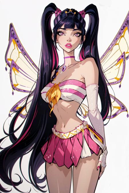 Musa fairy wings, purple hair, purple eyes, bangs, midriff