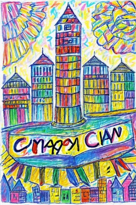 a big sign that says crayon above a big city  <lora:crayons_v1:1>