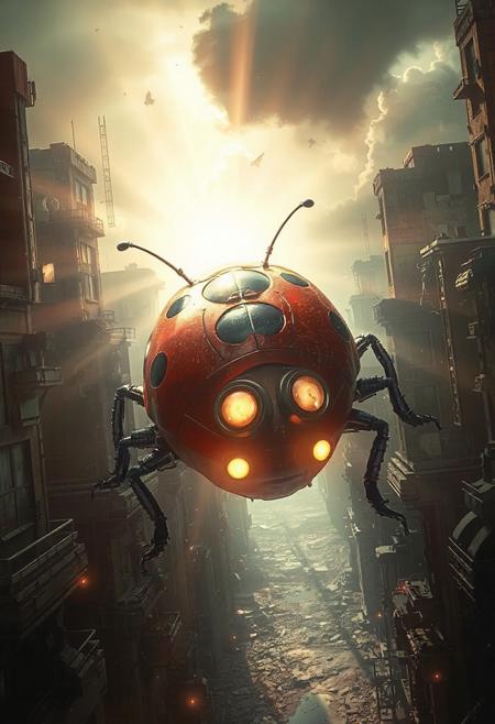 A giant mechanical ladybug traversing a destroyed city, sci-fi, futurism, the ladybug is a vehicle, windows and railings, portholes, hatchways, dramatic beautiful lighting, god rays